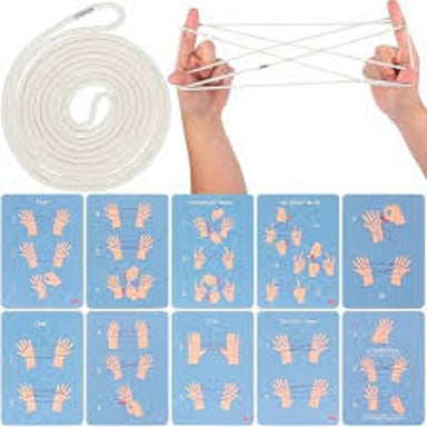 Hands forming a cat’s cradle figure with a loop of string.