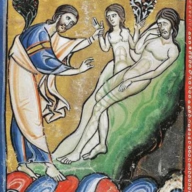 An artistic depiction of Eve being created from Adam, as described in Genesis.