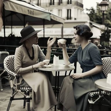 Two female friends talking together at a cafe in a French setting.
