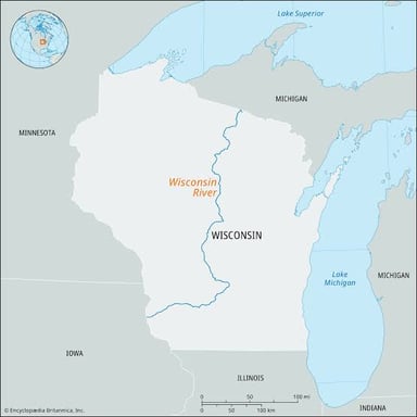 A map showing the Wisconsin River flowing generally south through Wisconsin.
