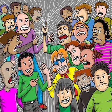 A comic-book supervillain confronted by an angry crowd.