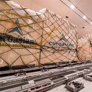 Freight pallets and containers stored in an airplane cargo hold.