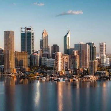 The skyline of Perth, Western Australia, beside the Swan River.