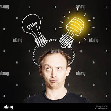 A person brainstorming with a light bulb symbolizing a sudden idea.