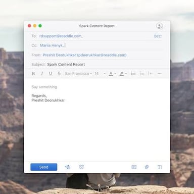 An email composition window showing a recipient in the CC field.