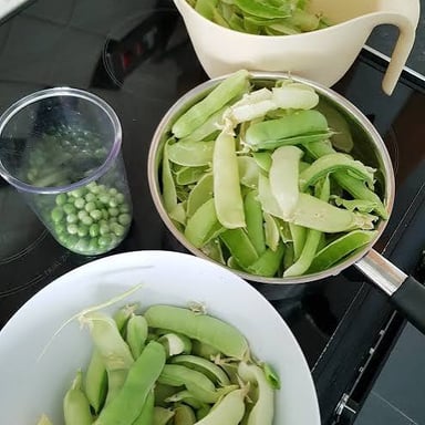 An opened pea pod with peas beside it.