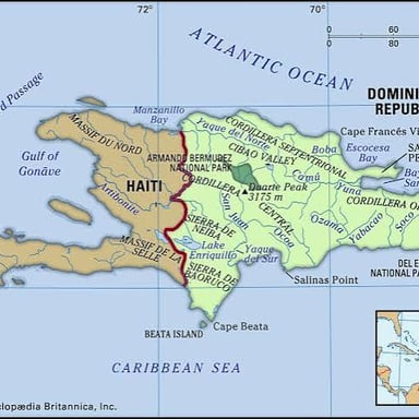 A map labeling Haiti in the western part of Hispaniola and the Dominican Republic to the east.