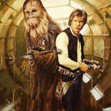 Han Solo, the human pilot of the Millennium Falcon, alongside Chewbacca.