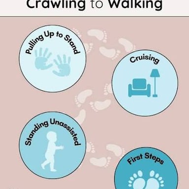 A sequence illustrating the early milestones of sitting, crawling, standing, and walking.