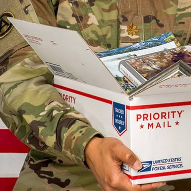 A package prepared for military postal delivery.