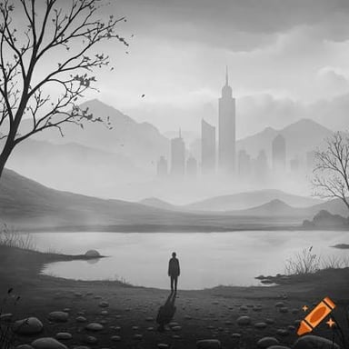 A person looking over a bleak, overcast landscape