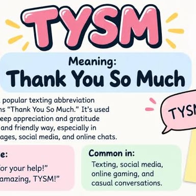 A text message using TYSM as shorthand for “thank you so much.”