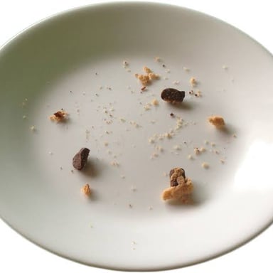 A tiny crumb on a plate illustrates something teensy.
