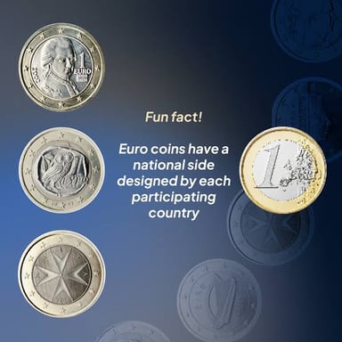 Euro banknotes and coins, including coins with differing national designs.