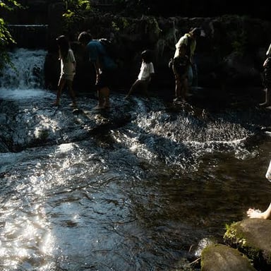 A person wading through shallow water across a stream.