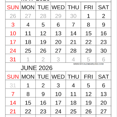Calendar pages showing May immediately before June