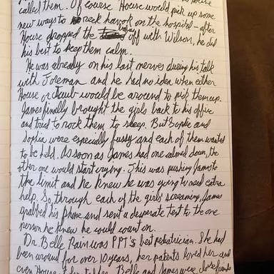 A writer drafting a story on a laptop beside a notebook.