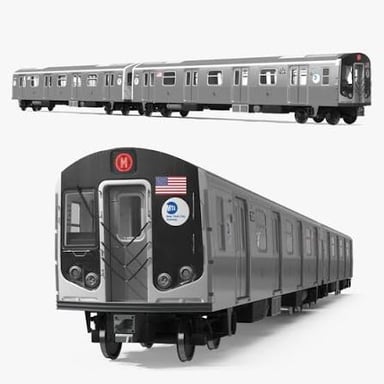 A subway train with several connected passenger cars.