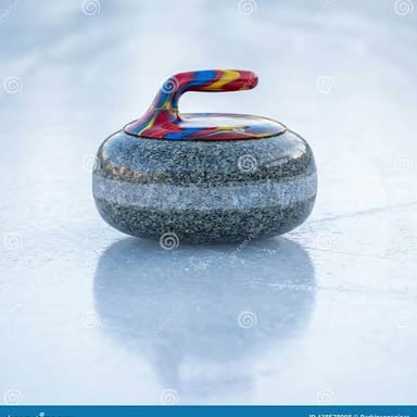 A granite curling stone with a handle resting on the ice.