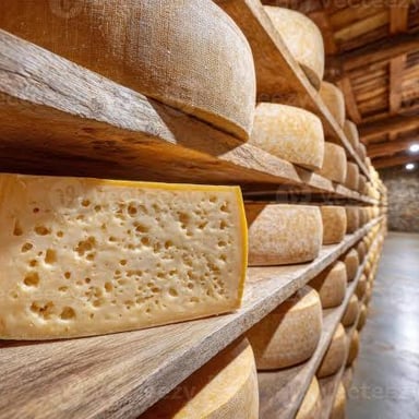 Wheels of cheese resting on shelves in a cool aging space.