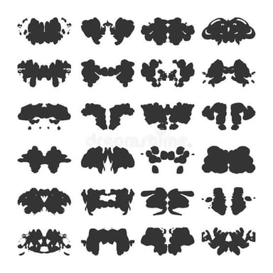A black inkblot with roughly symmetrical shapes, like a Rorschach test card.