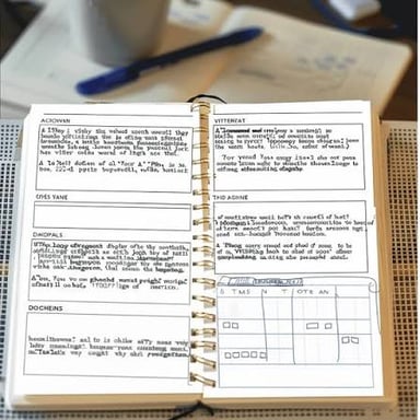 Handwritten notes in a notebook.