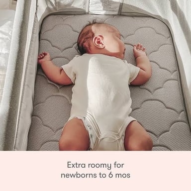 A baby resting in a small bassinet.