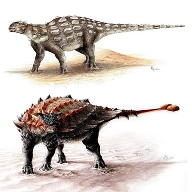 Ankylosaurus with bony armor and a large club at the end of its tail.