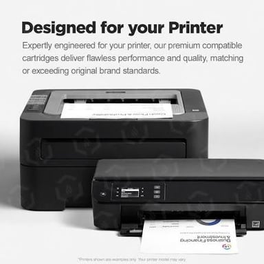 An ink cartridge beside a desktop printer.