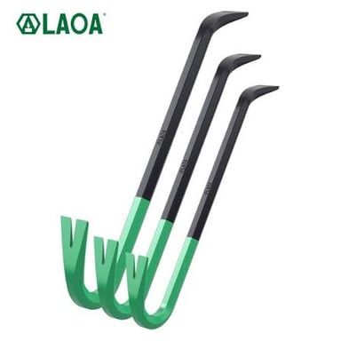 A metal crowbar with a curved, forked end used for prying and pulling nails.