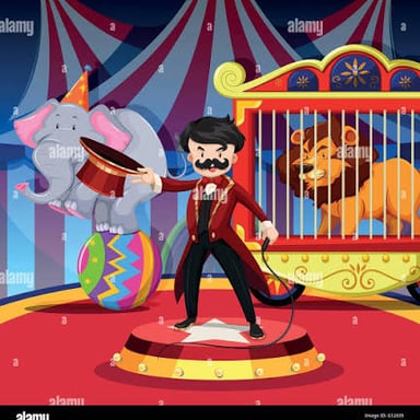 A ringmaster stands in a circus ring, illustrating the base word in the puzzle’s wordplay.