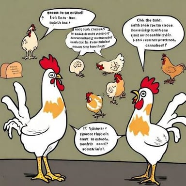 A chicken with its beak open, as if calling.
