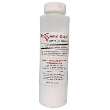 A container of lye-based drain cleaner.
