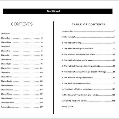 A book page listing chapter titles and their starting page numbers.