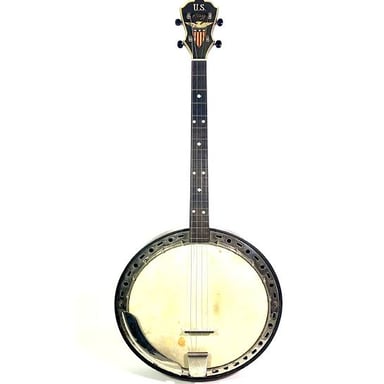 A traditional banjo with its round body and long neck.