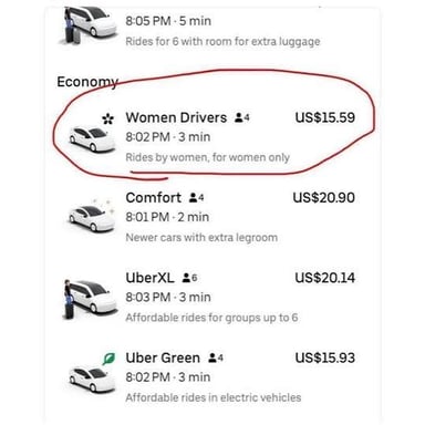 Uber ride-hailing service with a Women Preferences option for matching women riders and drivers.