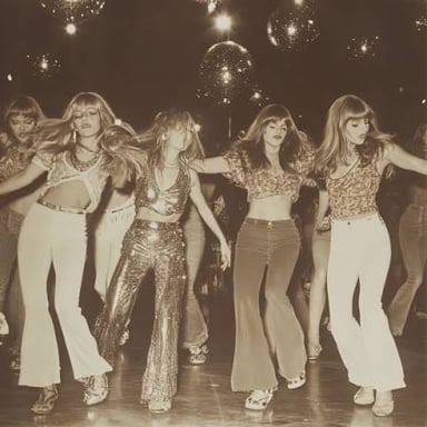 Dancers performing the Hustle in a 1970s disco setting.