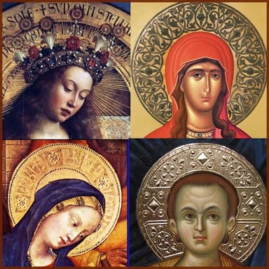 A gold halo is depicted around a figure’s head in religious art.