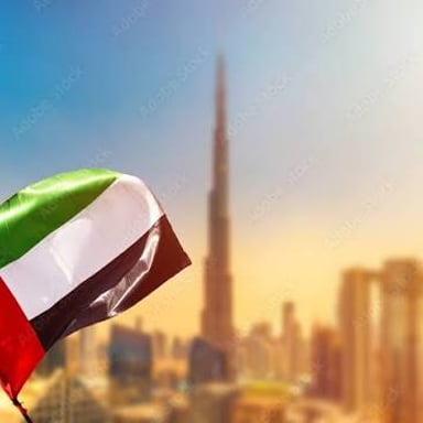 The United Arab Emirates flag with Dubai's modern skyline in the background.