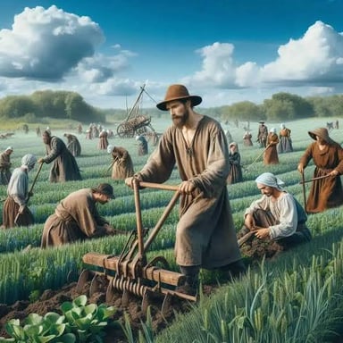 Farm laborers working fields on a medieval manor