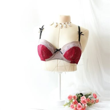 A bra displayed on a garment form.