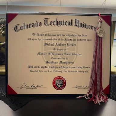 A framed business school degree diploma.