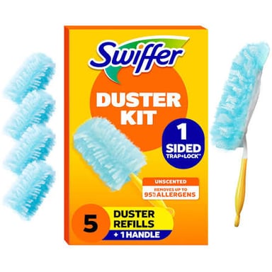 A feather duster with a long handle and fluffy head.