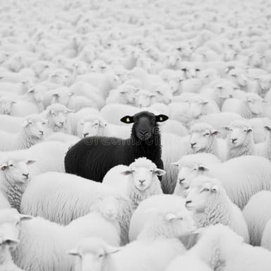 A black sheep separated visually from a flock of white sheep.