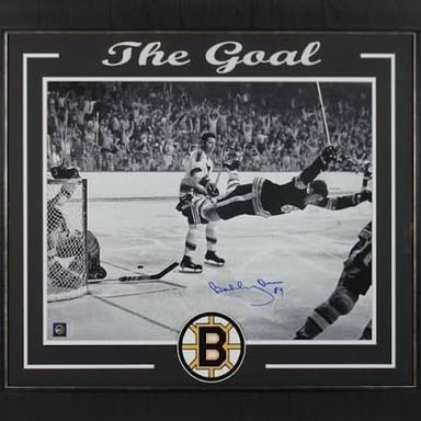 Bobby Orr of the Boston Bruins celebrating his overtime goal in the 1970 Stanley Cup Final.