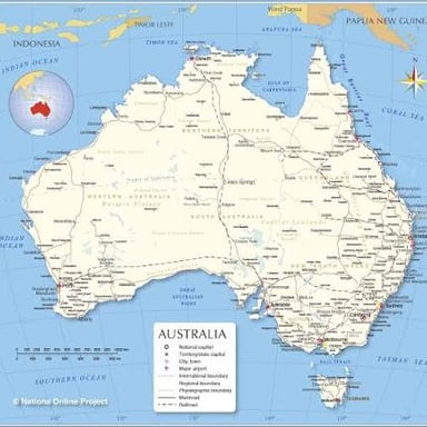 A map locating Perth on Australia’s west coast and Sydney on its east coast.