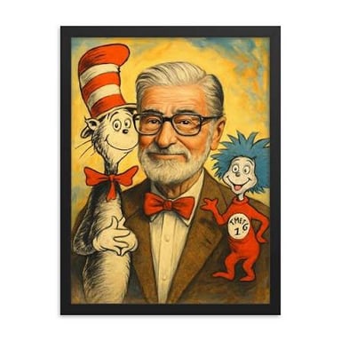 Portrait of Theodor Geisel, known as Dr. Seuss, beside examples of his illustrated children's books.