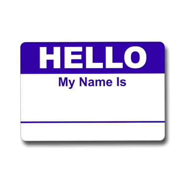 A classic adhesive name tag printed with “Hello, my name is” and a blank space.