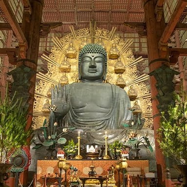 The large bronze Great Buddha of Vairocana inside Tōdai-ji temple in Nara.