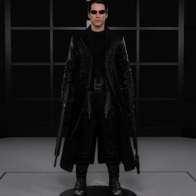 Keanu Reeves as Neo, the hero of The Matrix, in the character’s recognizable dark clothing and sunglasses.